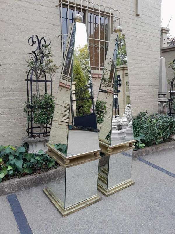 A Pair of Designer Mirror and Antique Gold Coloured Iron Obelisks with Ball Detail, Custom-made f...