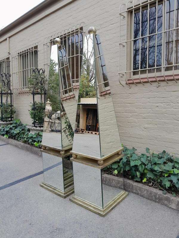 A Pair of Designer Mirror and Antique Gold Coloured Iron Obelisks with Ball Detail, Custom-made f...