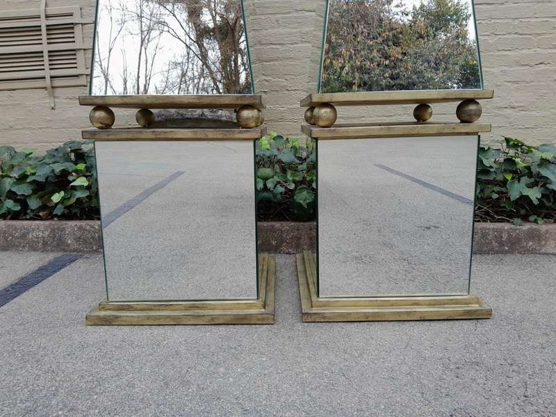 A Pair of Designer Mirror and Antique Gold Coloured Iron Obelisks with Ball Detail, Custom-made f...