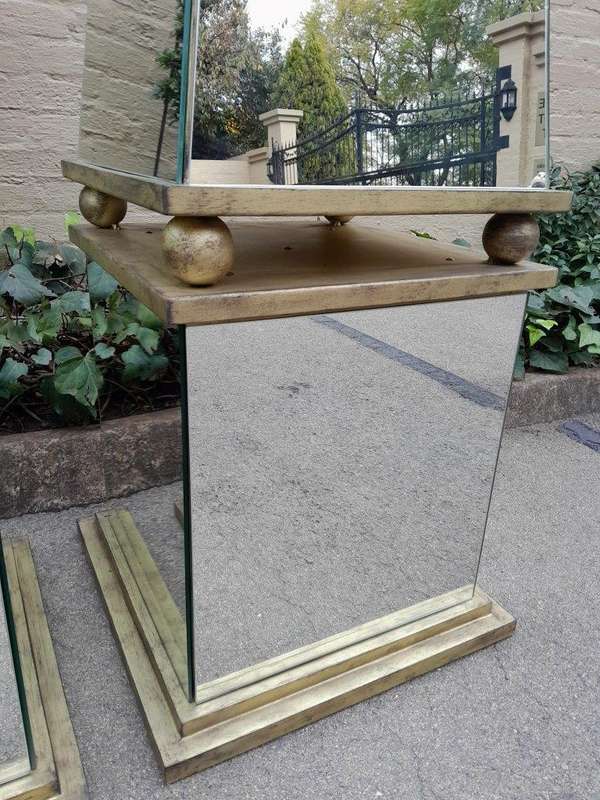 A Pair of Designer Mirror and Antique Gold Coloured Iron Obelisks with Ball Detail, Custom-made f...