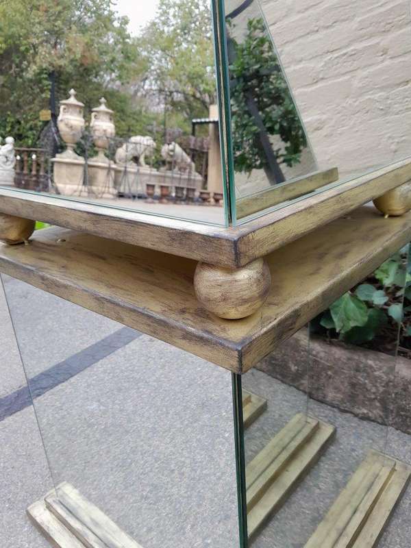 A Pair of Designer Mirror and Antique Gold Coloured Iron Obelisks with Ball Detail, Custom-made f...