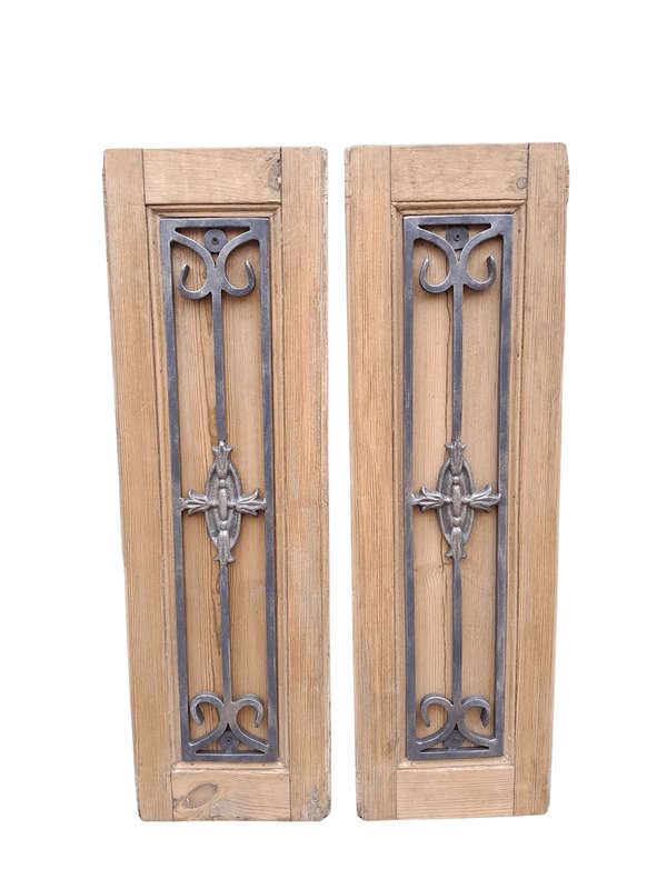 A 20th Century Pair of French Decorative Bevelled Wooden Wall Panels with Wrought Iron Design Ele...