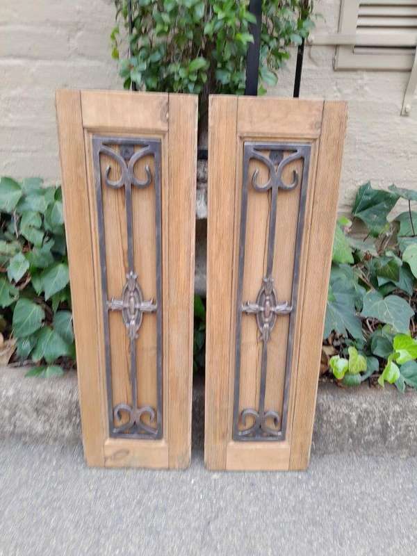 A 20th Century Pair of French Decorative Bevelled Wooden Wall Panels with Wrought Iron Design Ele...