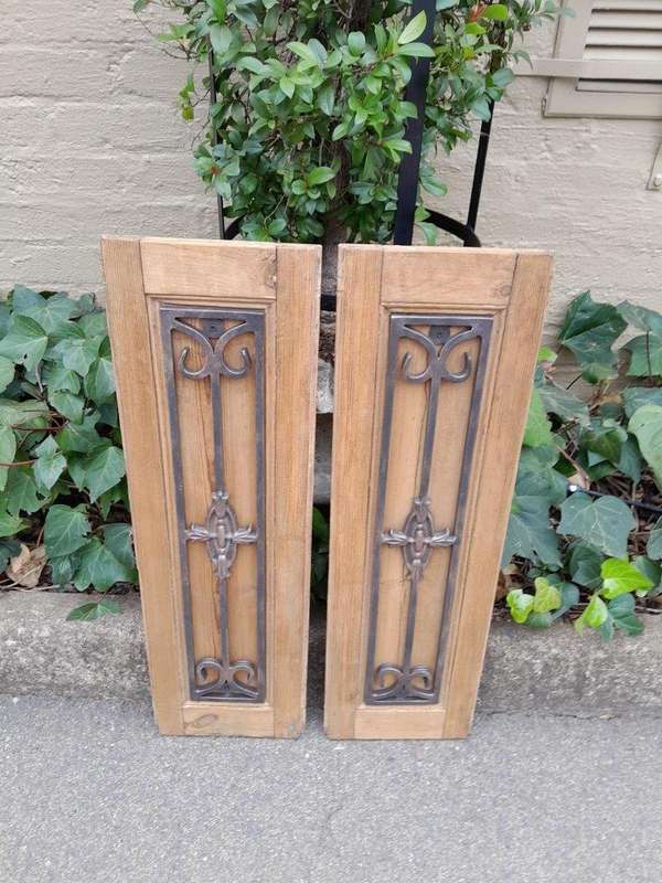 A 20th Century Pair of French Decorative Bevelled Wooden Wall Panels with Wrought Iron Design Ele...