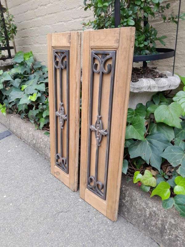 A 20th Century Pair of French Decorative Bevelled Wooden Wall Panels with Wrought Iron Design Ele...