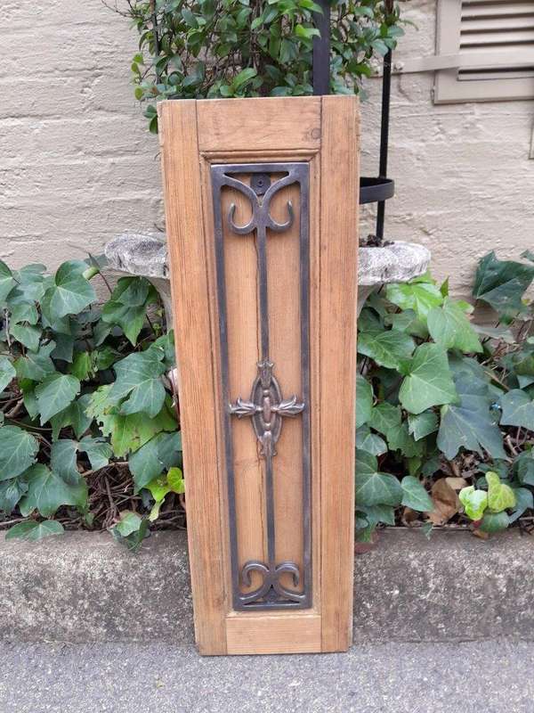 A 20th Century Pair of French Decorative Bevelled Wooden Wall Panels with Wrought Iron Design Ele...