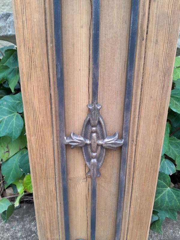 A 20th Century Pair of French Decorative Bevelled Wooden Wall Panels with Wrought Iron Design Ele...