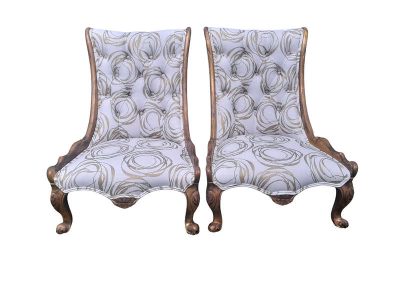 A 20th Century Pair of French Style Gilded Slipper Chairs Upholstered in a Custom Made Fabric