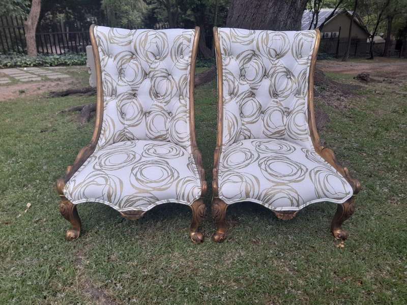 A 20th Century Pair of French Style Gilded Slipper Chairs Upholstered in a Custom Made Fabric