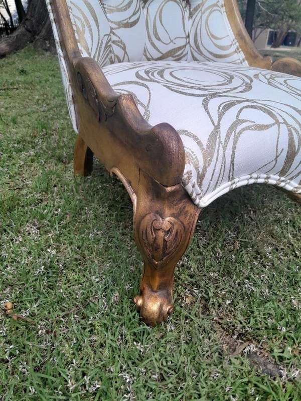 A 20th Century Pair of French Style Gilded Slipper Chairs Upholstered in a Custom Made Fabric