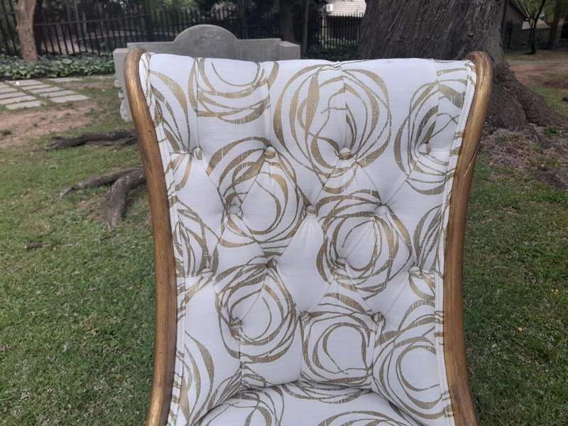 A 20th Century Pair of French Style Gilded Slipper Chairs Upholstered in a Custom Made Fabric