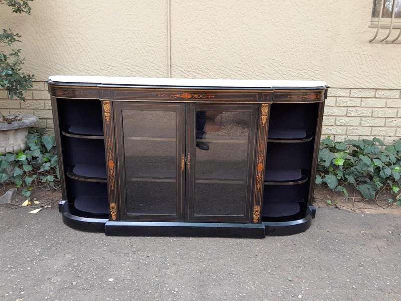 An Antique Victorian French Style Ebonised and Inlay Walnut Credenza/Display Cabinet with Brass H...