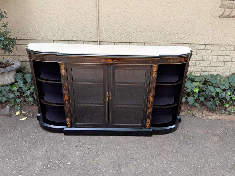 An Antique Victorian French Style Ebonised and Inlay Walnut Credenza/Display Cabinet with Brass H...