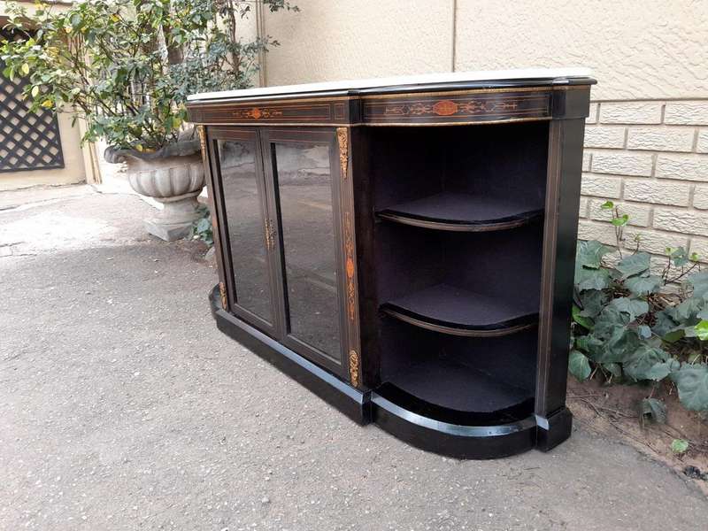 An Antique Victorian French Style Ebonised and Inlay Walnut Credenza/Display Cabinet with Brass H...