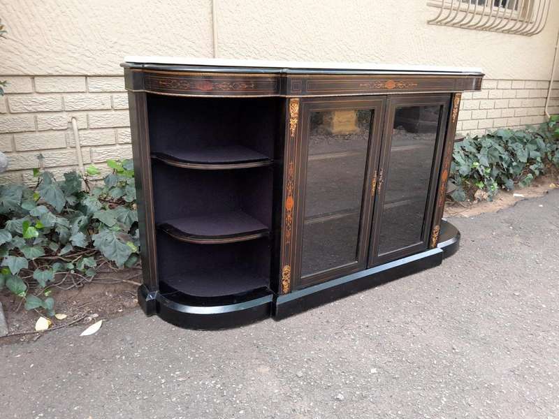 An Antique Victorian French Style Ebonised and Inlay Walnut Credenza/Display Cabinet with Brass H...