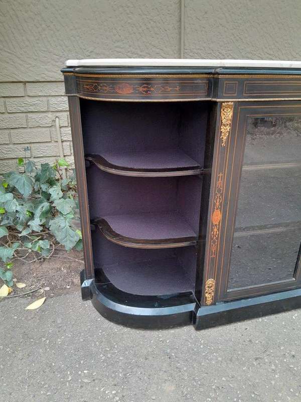 An Antique Victorian French Style Ebonised and Inlay Walnut Credenza/Display Cabinet with Brass H...
