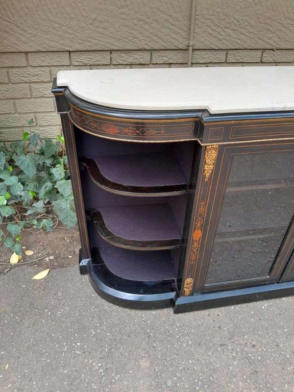 An Antique Victorian French Style Ebonised and Inlay Walnut Credenza/Display Cabinet with Brass H...