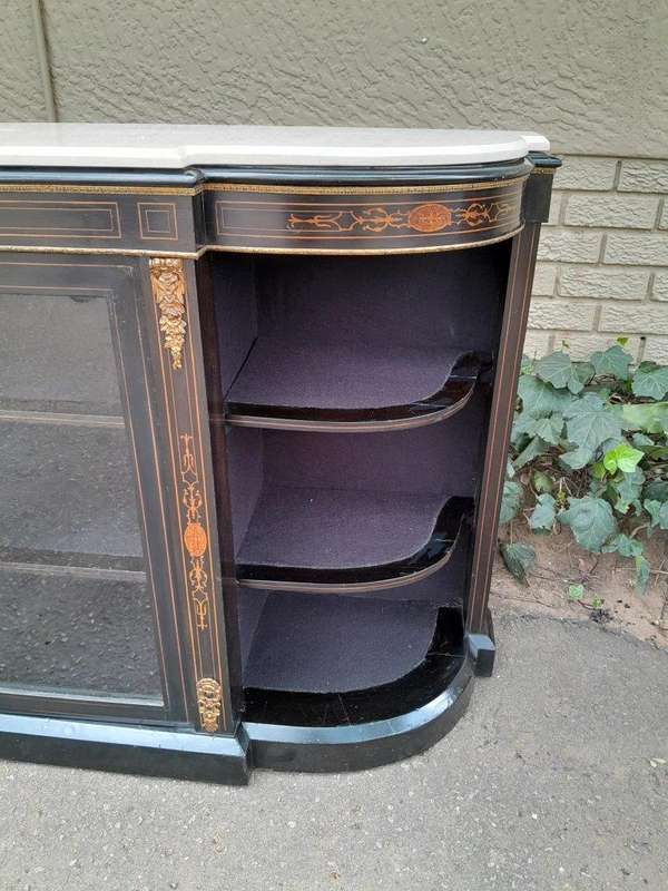 An Antique Victorian French Style Ebonised and Inlay Walnut Credenza/Display Cabinet with Brass H...