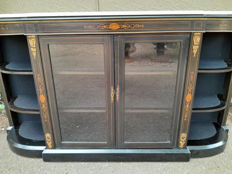 An Antique Victorian French Style Ebonised and Inlay Walnut Credenza/Display Cabinet with Brass H...