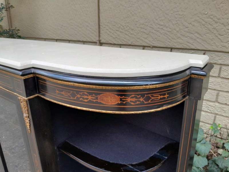 An Antique Victorian French Style Ebonised and Inlay Walnut Credenza/Display Cabinet with Brass H...