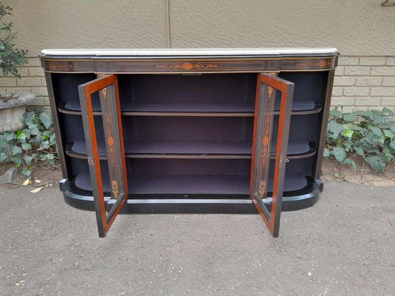 An Antique Victorian French Style Ebonised and Inlay Walnut Credenza/Display Cabinet with Brass H...