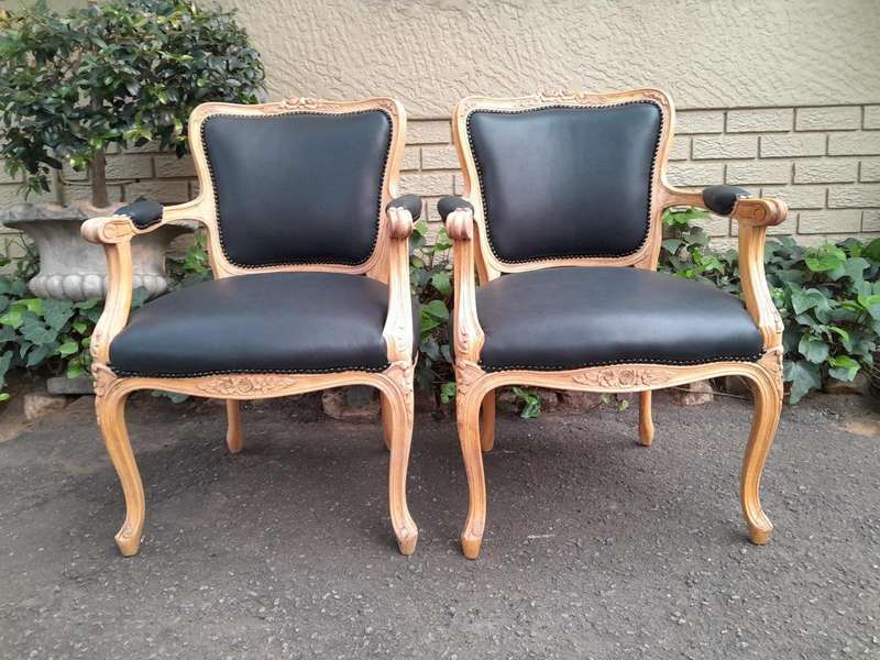 A 20th Century Pair of French Style Carved Fruitwood Armchairs in a Contemporary Bleached Finish ...
