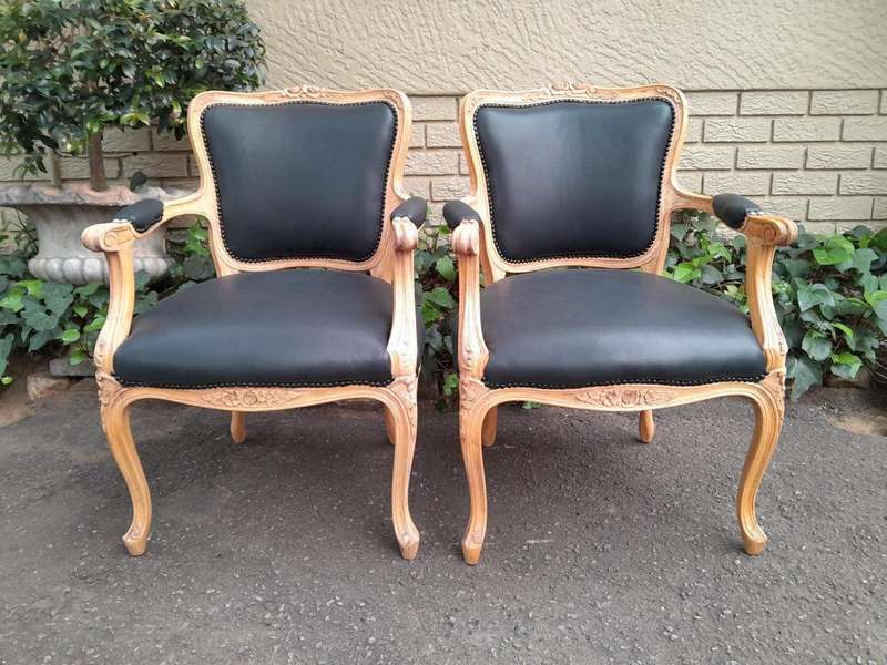 A 20th Century Pair of French Style Carved Fruitwood Armchairs in a Contemporary Bleached Finish ...