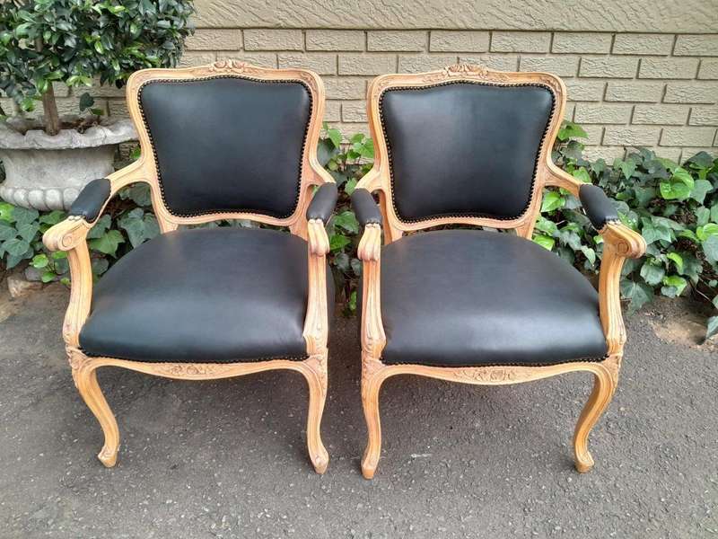 A 20th Century Pair of French Style Carved Fruitwood Armchairs in a Contemporary Bleached Finish ...