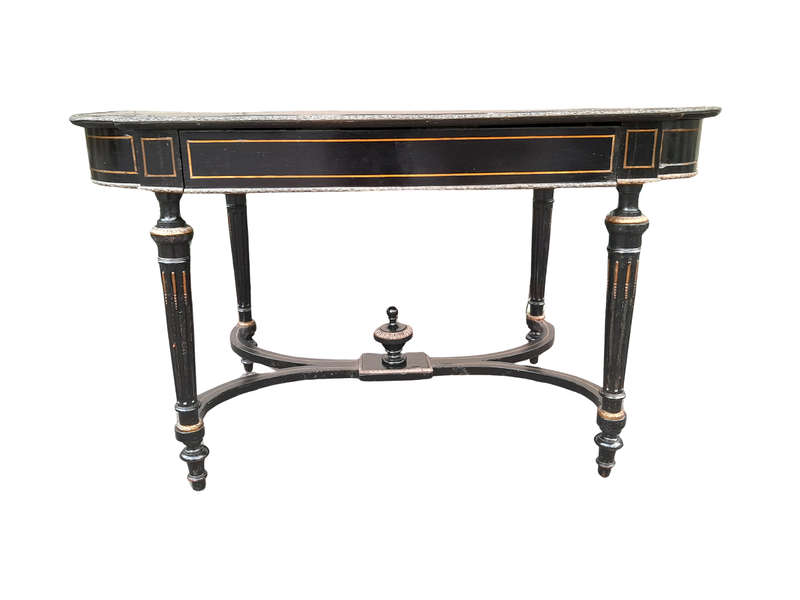 An Antique Victorian Ebonised and with Brass and Mother of Pearl Inlay Table with Drawer
