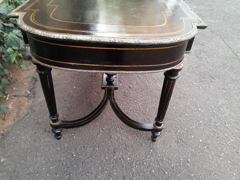 An Antique Victorian Ebonised and with Brass and Mother of Pearl Inlay Table with Drawer