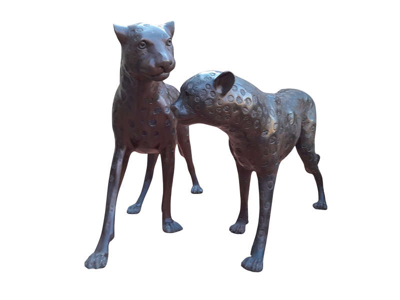 A Rare Pair Of Bronze Cheetah In Figurines Pair In A Patinated Finish ND