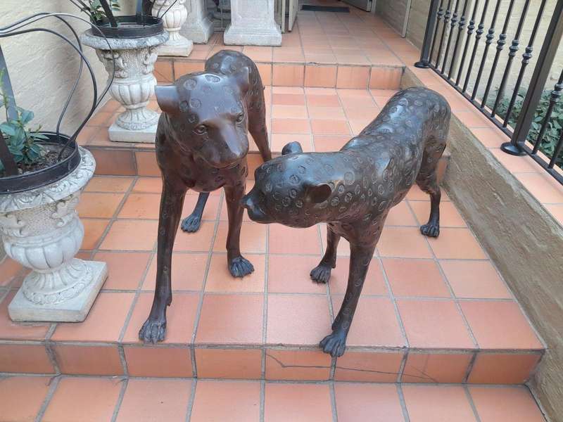 A Rare Pair Of Bronze Cheetah In Figurines Pair In A Patinated Finish ND