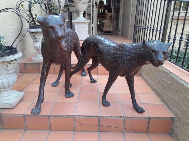 A Rare Pair Of Bronze Cheetah In Figurines Pair In A Patinated Finish ND