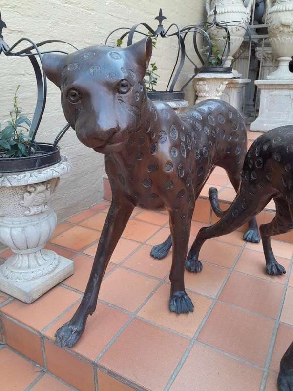 A Rare Pair Of Bronze Cheetah In Figurines Pair In A Patinated Finish ND