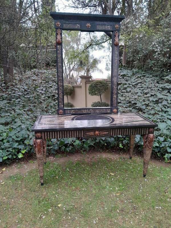 A 20TH Set of Century Maitland Smith Console Table and Mirror with Inlaid Stone Design
