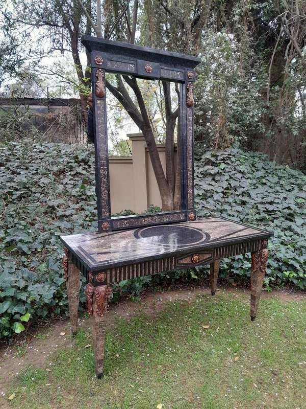 A 20TH Set of Century Maitland Smith Console Table and Mirror with Inlaid Stone Design