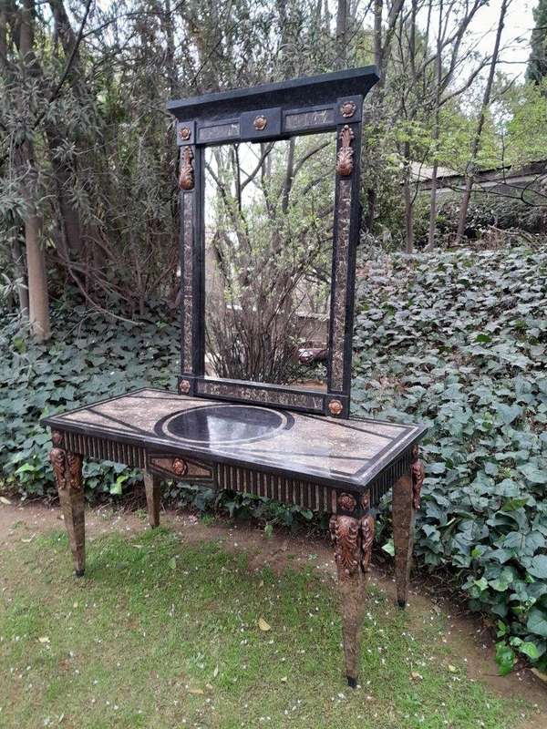 A 20TH Set of Century Maitland Smith Console Table and Mirror with Inlaid Stone Design