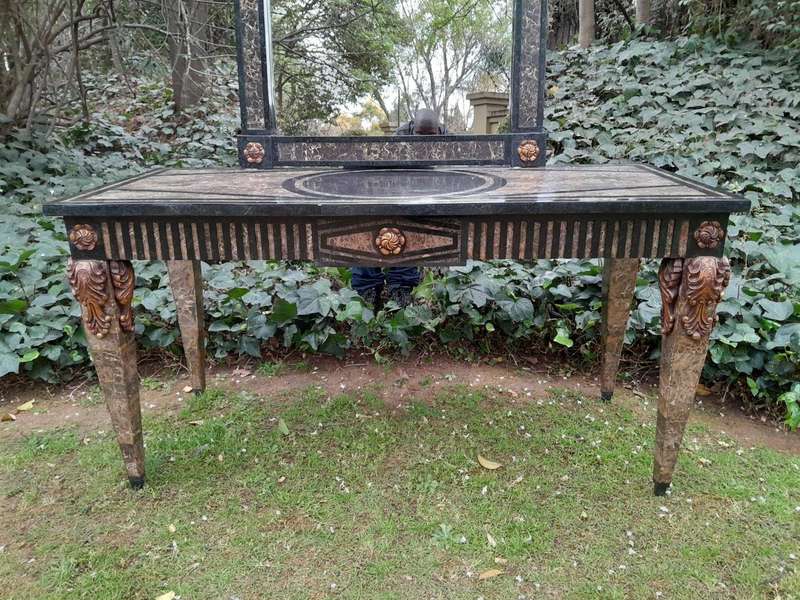 A 20TH Set of Century Maitland Smith Console Table and Mirror with Inlaid Stone Design