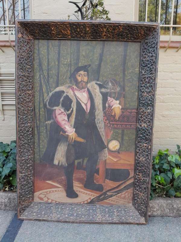 A 20th Century Painting of a Tudor Man in an Ornately Carved Wooden Frame of Large Proportion