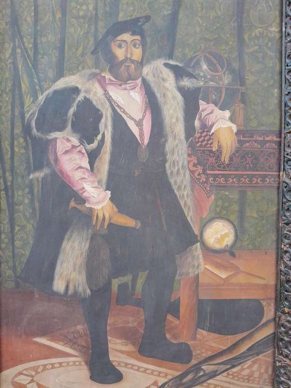 A 20th Century Painting of a Tudor Man in an Ornately Carved Wooden Frame of Large Proportion