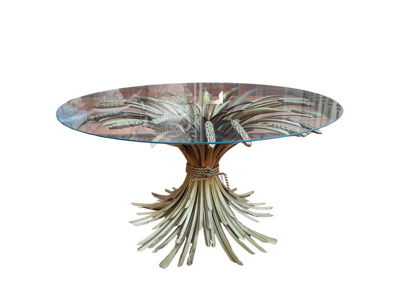 A 20th Century Rare Sculptured Iron Table Base in an Antique Gold Finish with Bevelled Glass Top ...