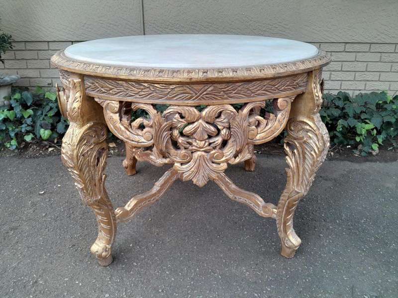 A 20th Century French Style Carved and Painted Coffee Table with Marble Top