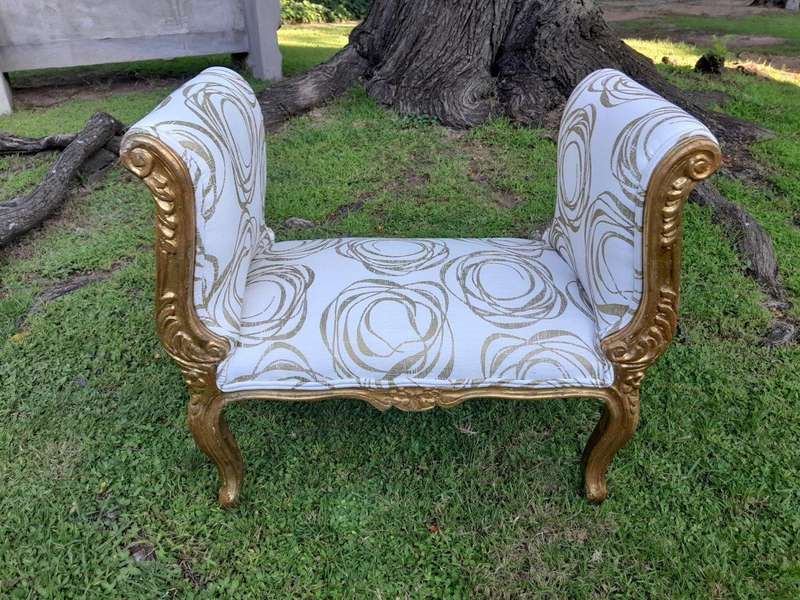 A French Style Ornately Carved Gold Painted Window Bench / Ottoman Upholstered In Hand Printed G...