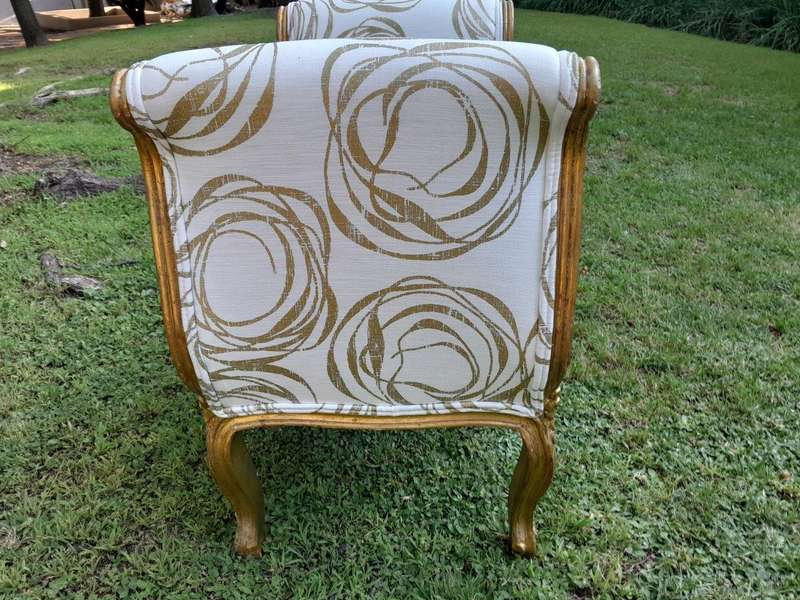 A French Style Ornately Carved Gold Painted Window Bench / Ottoman Upholstered In Hand Printed G...