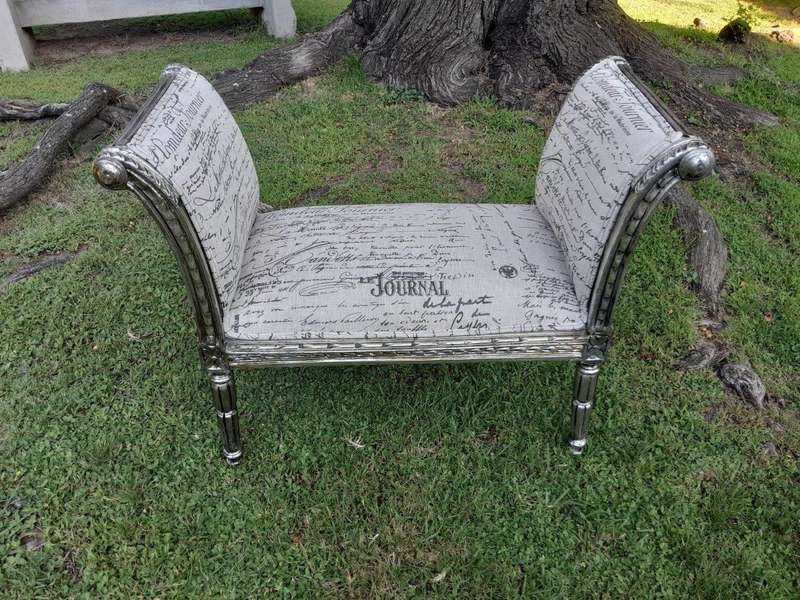 A French Style Window Bench / Seat In Silver Gilt And Upholstered In Ticking / Pinstripe Fabric