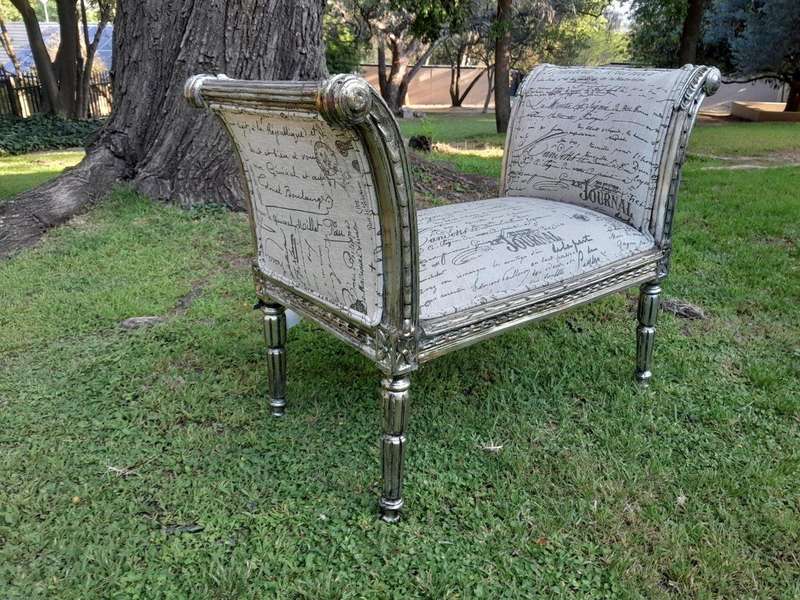 A French Style Window Bench / Seat In Silver Gilt And Upholstered In Ticking / Pinstripe Fabric