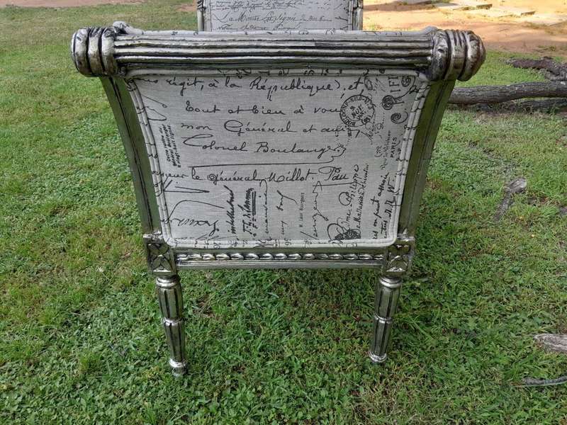 A French Style Window Bench / Seat In Silver Gilt And Upholstered In Ticking / Pinstripe Fabric