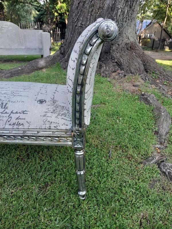 A French Style Window Bench / Seat In Silver Gilt And Upholstered In Ticking / Pinstripe Fabric
