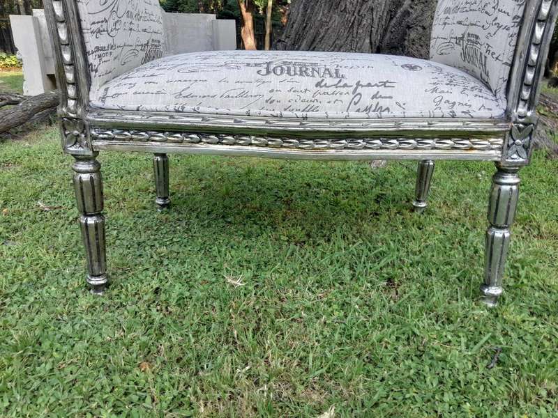 A French Style Window Bench / Seat In Silver Gilt And Upholstered In Ticking / Pinstripe Fabric
