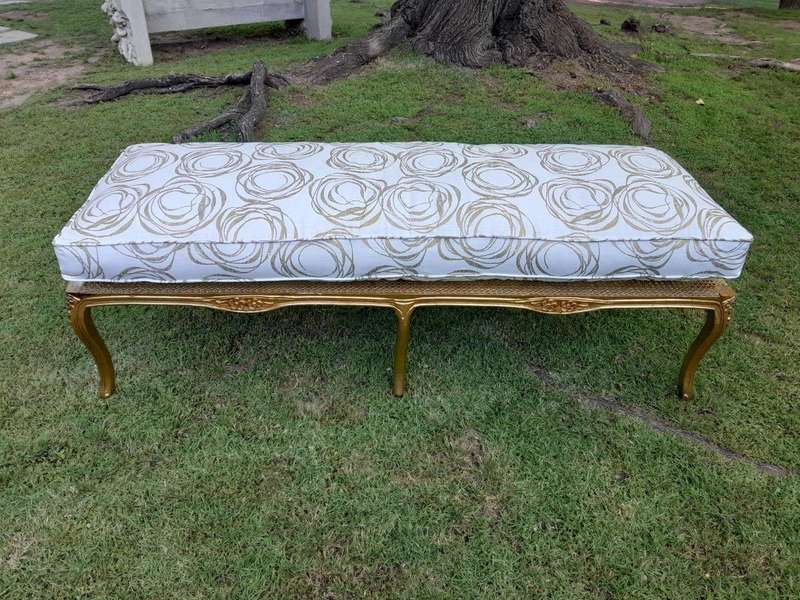 A 20th Century French Style Carved And Gilded Rattan Ottoman /  Bench With Seat Cushion In Hand M...